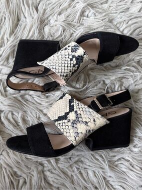 Gadea Snake Embossed Leather Buckled Ankle Strap Suede Black Heeled Sandals 36